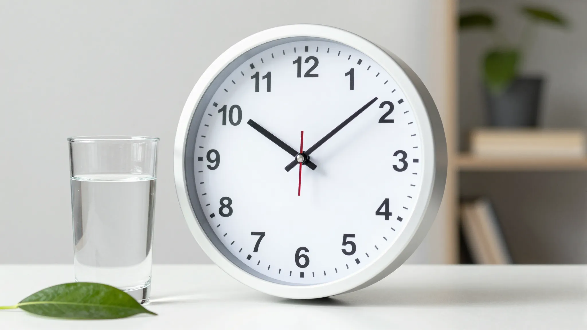 A minimalist clock showing a break time with a glass of wate...