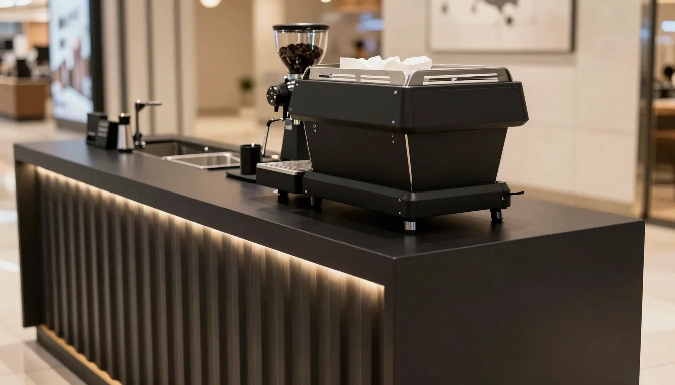 Close-up of a stylish coffee island counter in a mall. Textu...