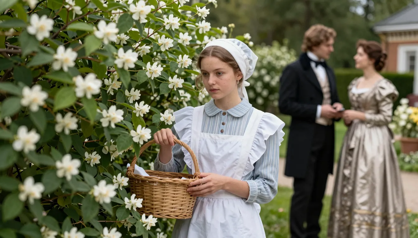 A young maid Varvara in a simple 19th-century servant dress ...