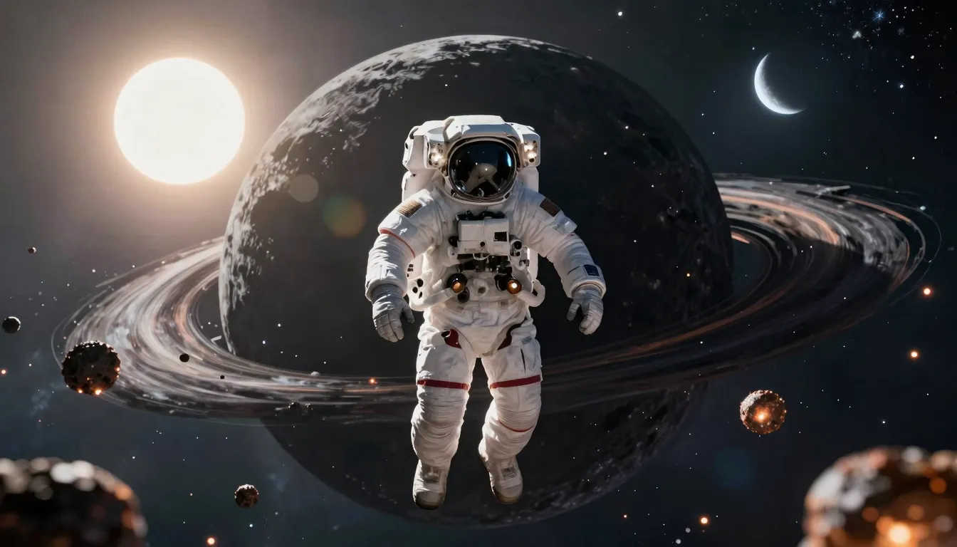 A futuristic astronaut floating in front of a massive black ...
