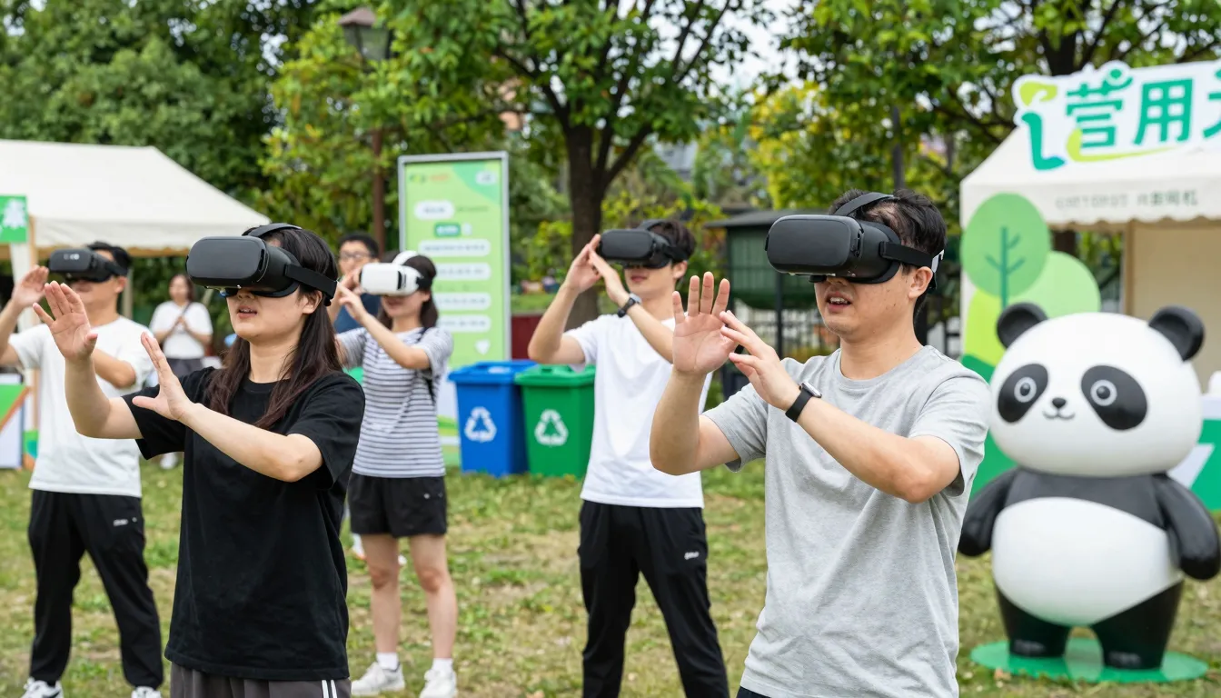 A vibrant and eco-friendly festival scene with people enjoyi...
