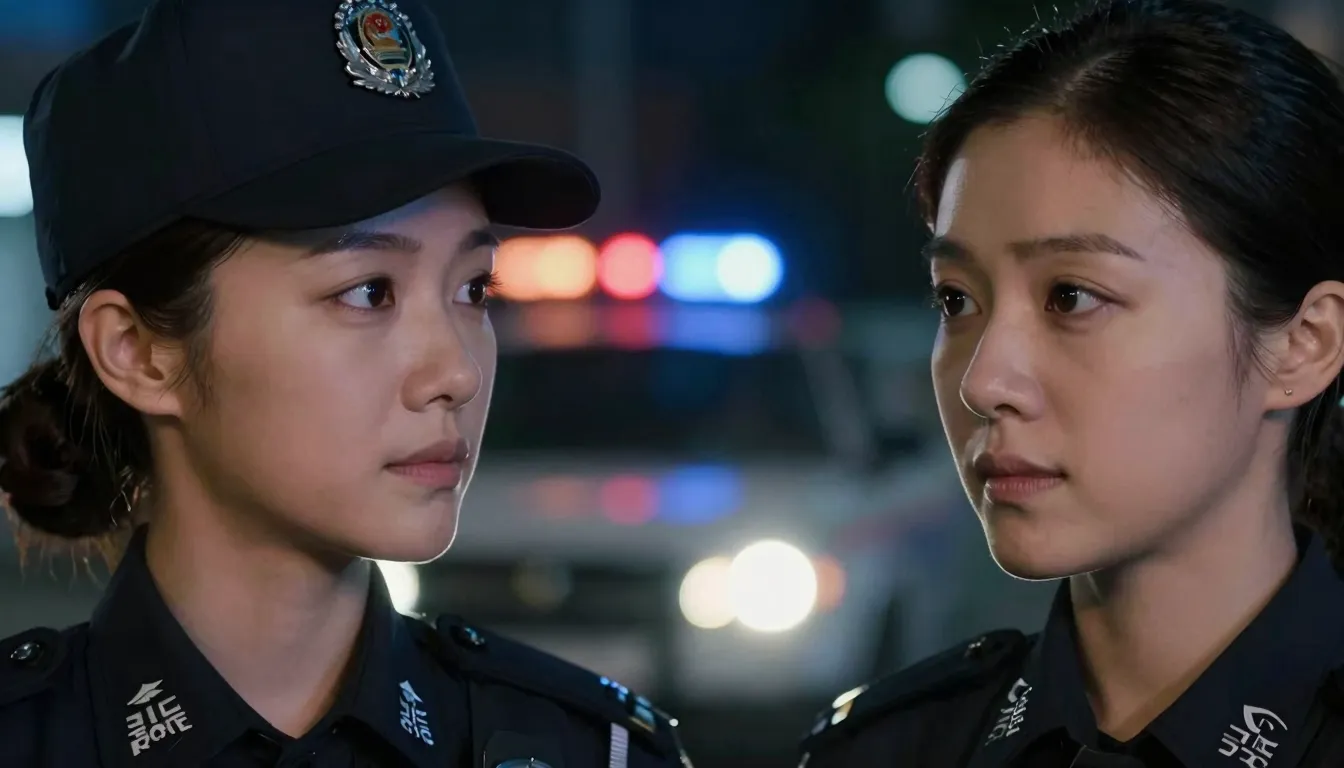 Close-up of two female police officers' faces, their eyes fu...