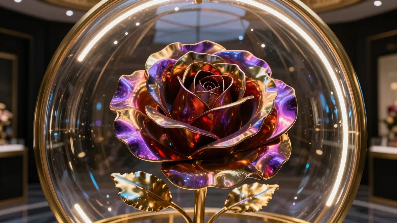 Close-up of a creative metal rose sculpture inside a high-te...