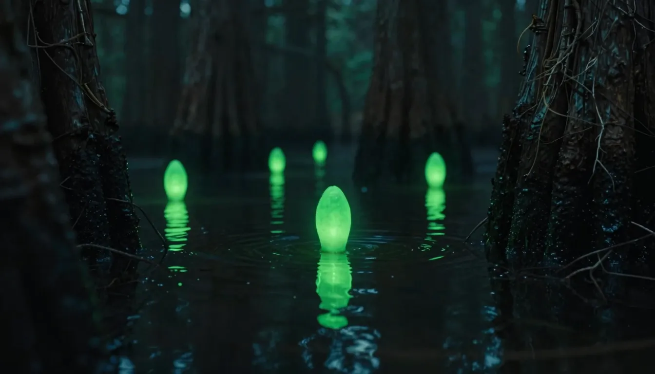 Cinematic shot for a music video, close-up of a dark swamp w...