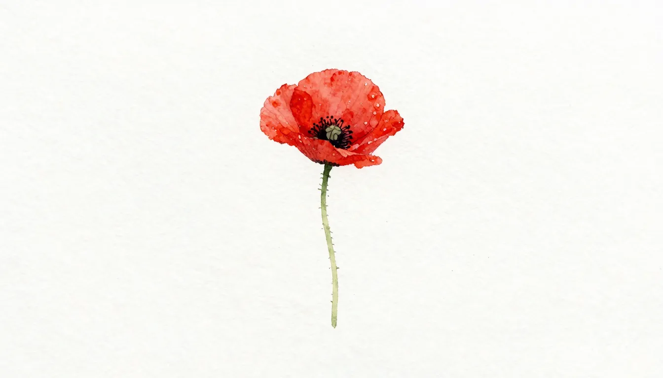 Minimalist watercolor miniature, a single bright red poppy f...