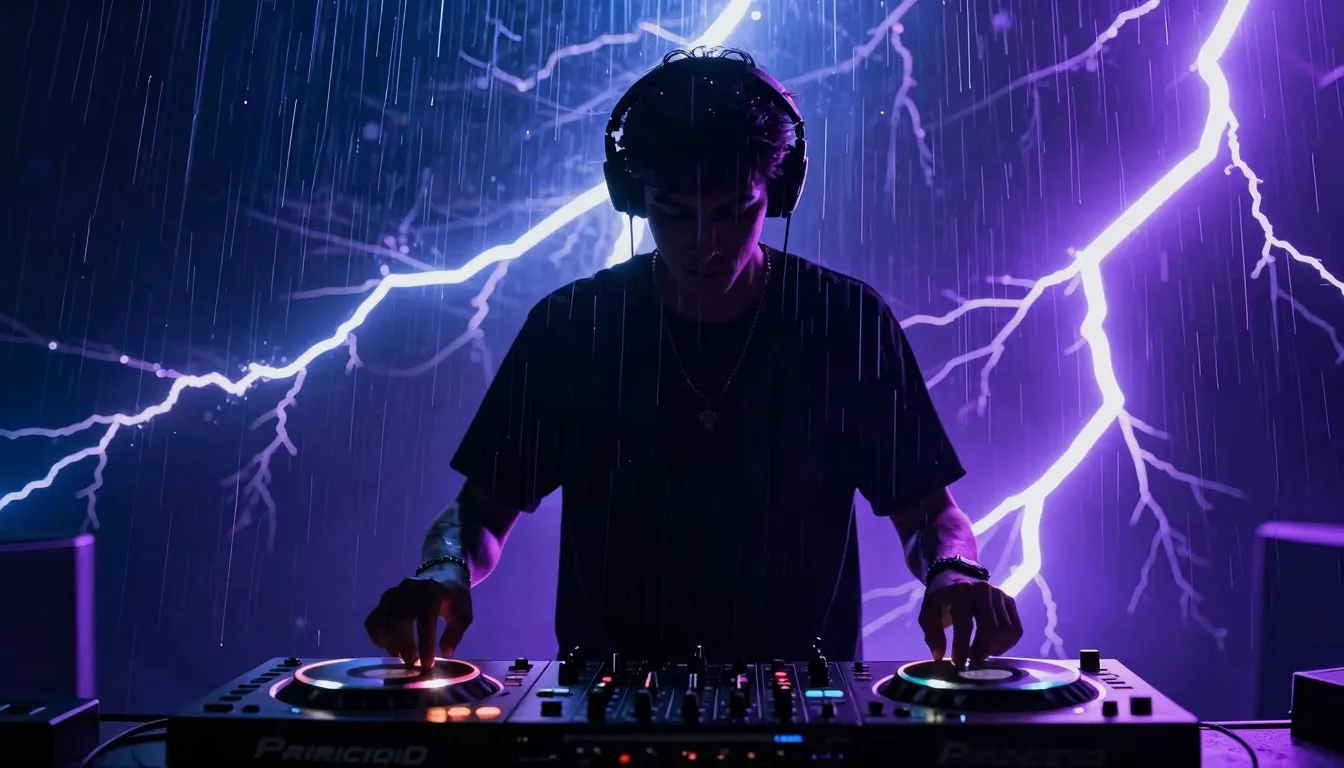 A stylish DJ silhouette standing behind a mixing console, in...