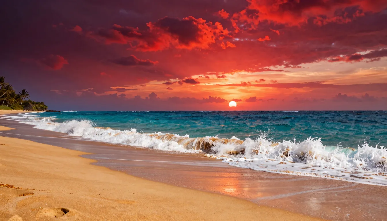 Stunning tropical beach at sunset, intense crimson and magen...