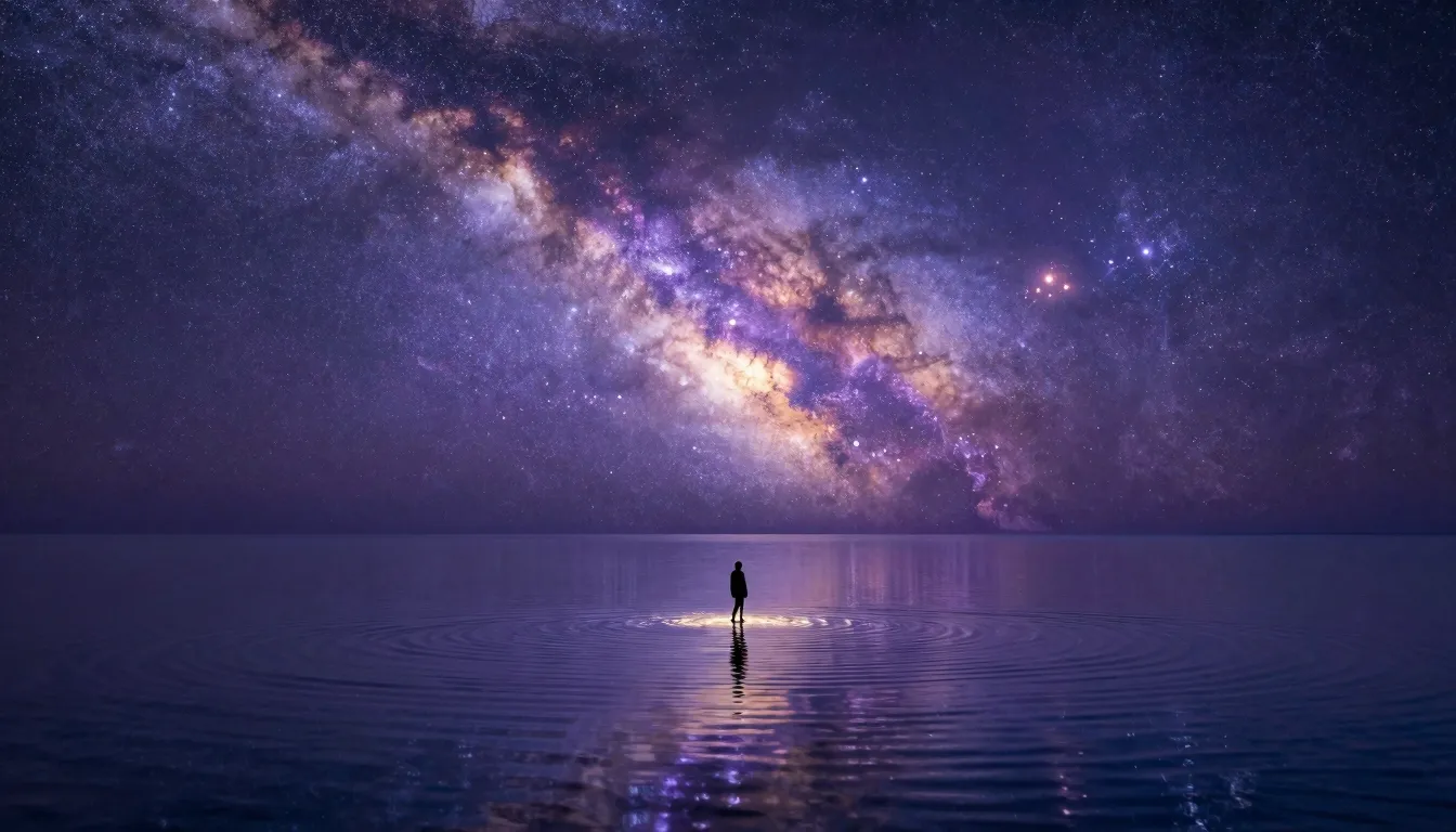 A vast mirror-like ocean reflecting a breathtaking nebula sk...
