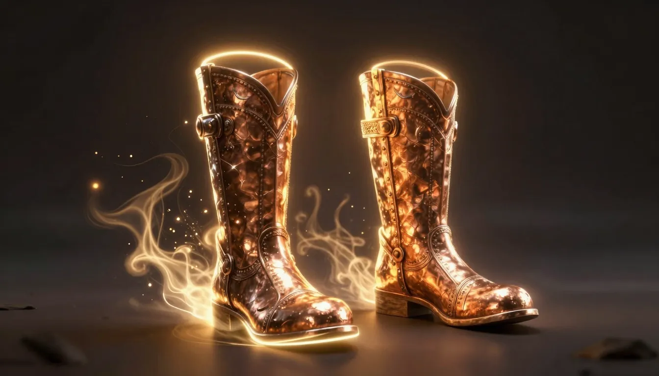 Pair of ancient copper boots with a bright glowing halo arou...