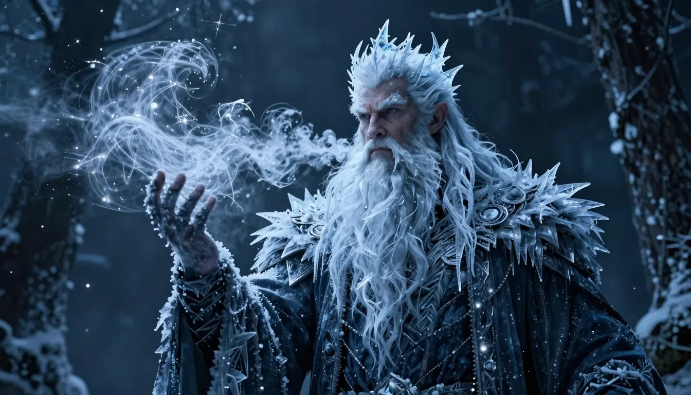 A giant, mystical Frost King with a long beard made of icicl...