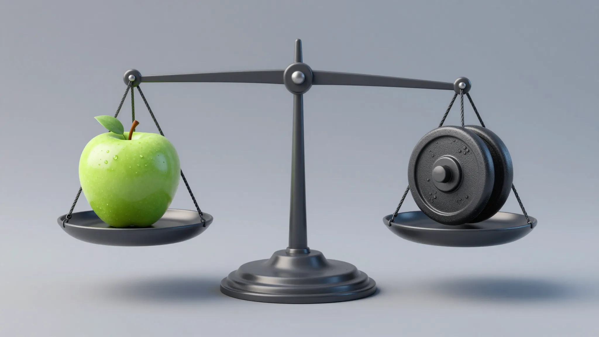 A balanced scale with a small green apple on one side and a ...