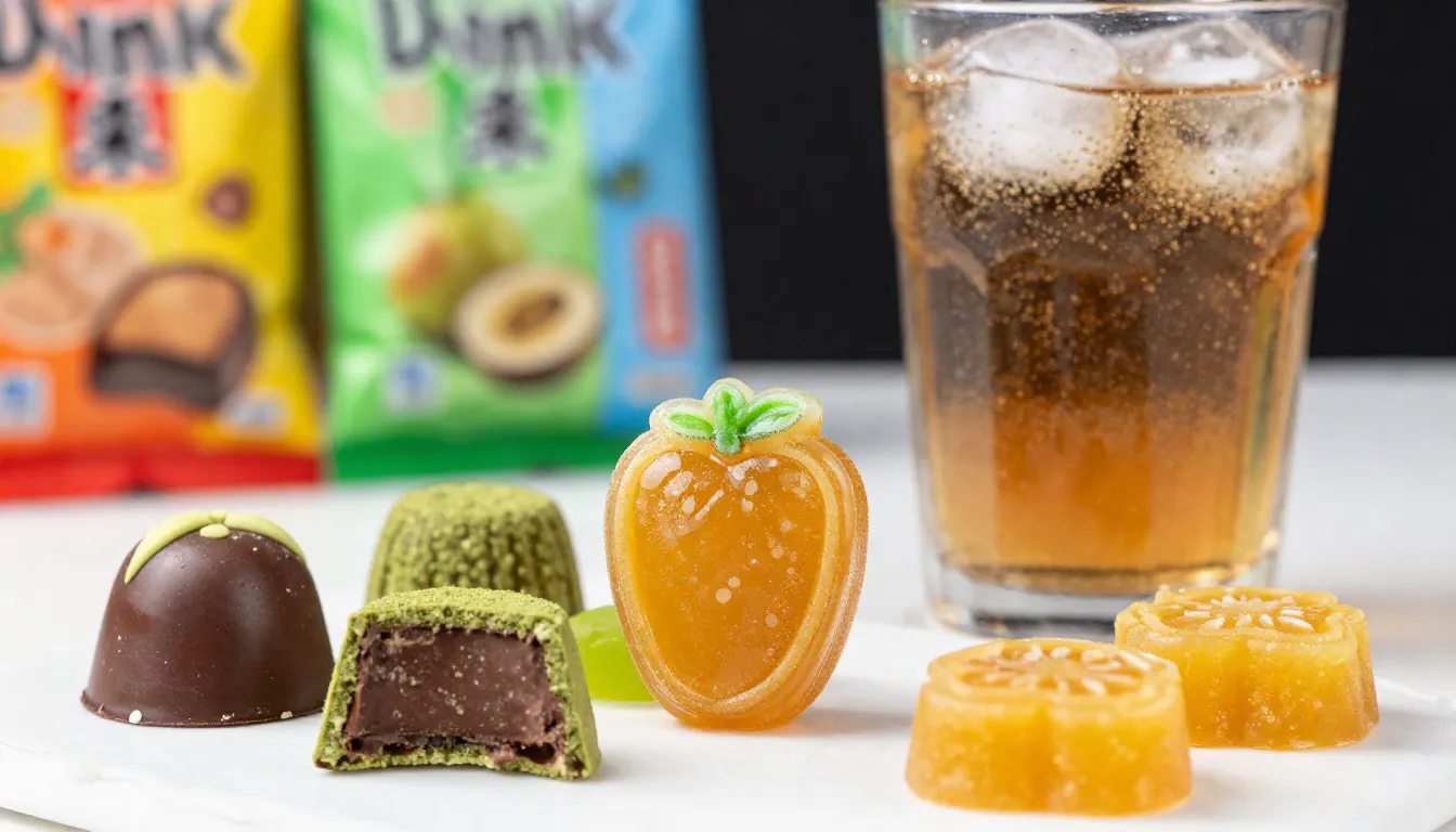 Close-up of various Asian sweets: matcha-flavored chocolates...