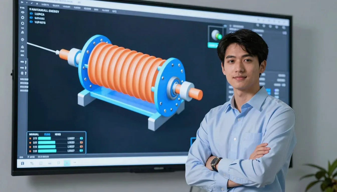 A young male engineer standing in front of a digital screen ...