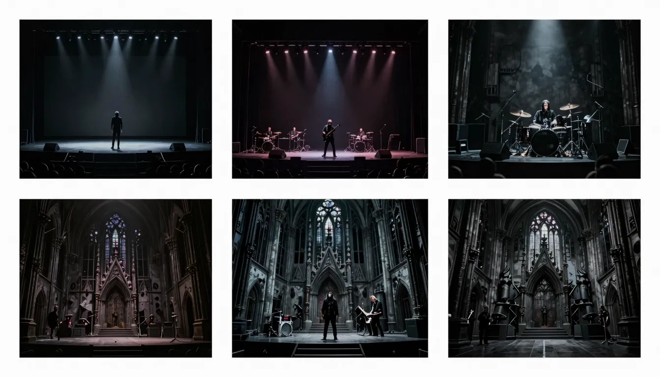 A collage of gothic music styles: a dark minimalist stage fo...