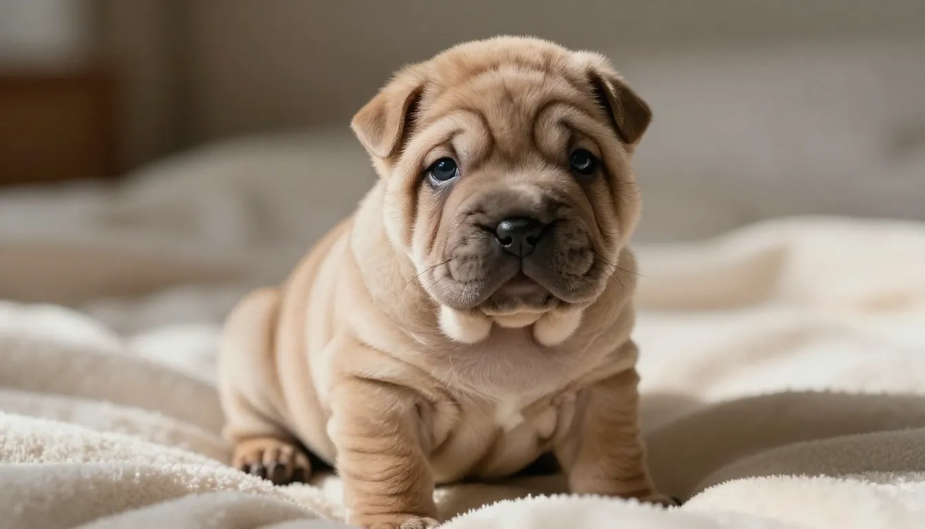 Hyper-realistic portrait of a tiny baby Shar-Pei puppy, extr...
