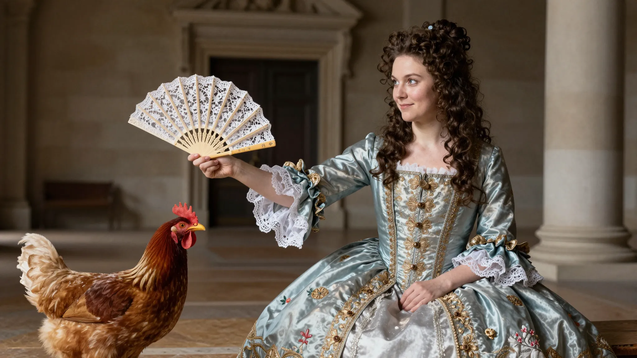 A beautiful, arrogant young noblewoman in a 1660s French sil...