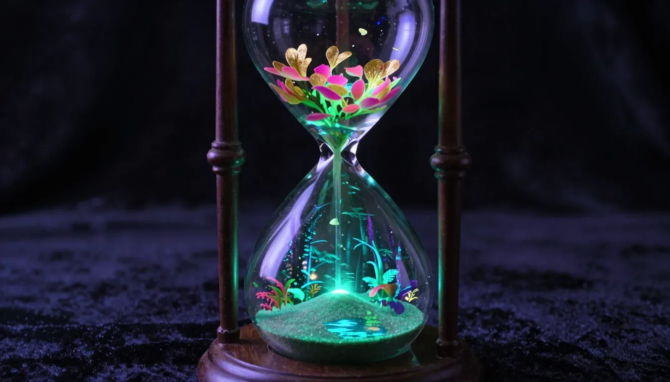 A giant, ornate crystal hourglass standing on a dark velvet ...