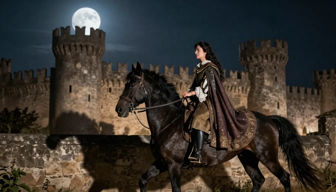 A beautiful Spanish noblewoman with long dark hair, wearing ...