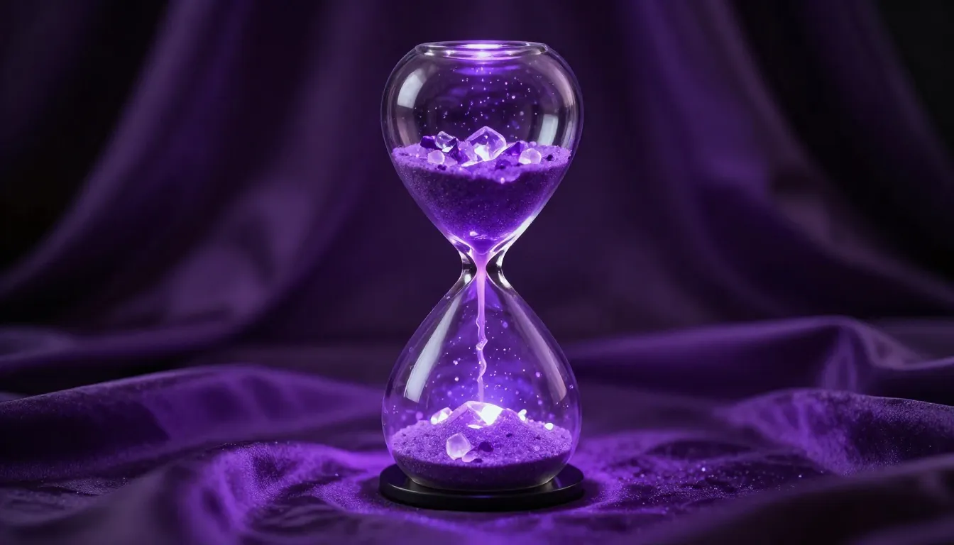 A magical hourglass filled with glowing violet sand and neon...