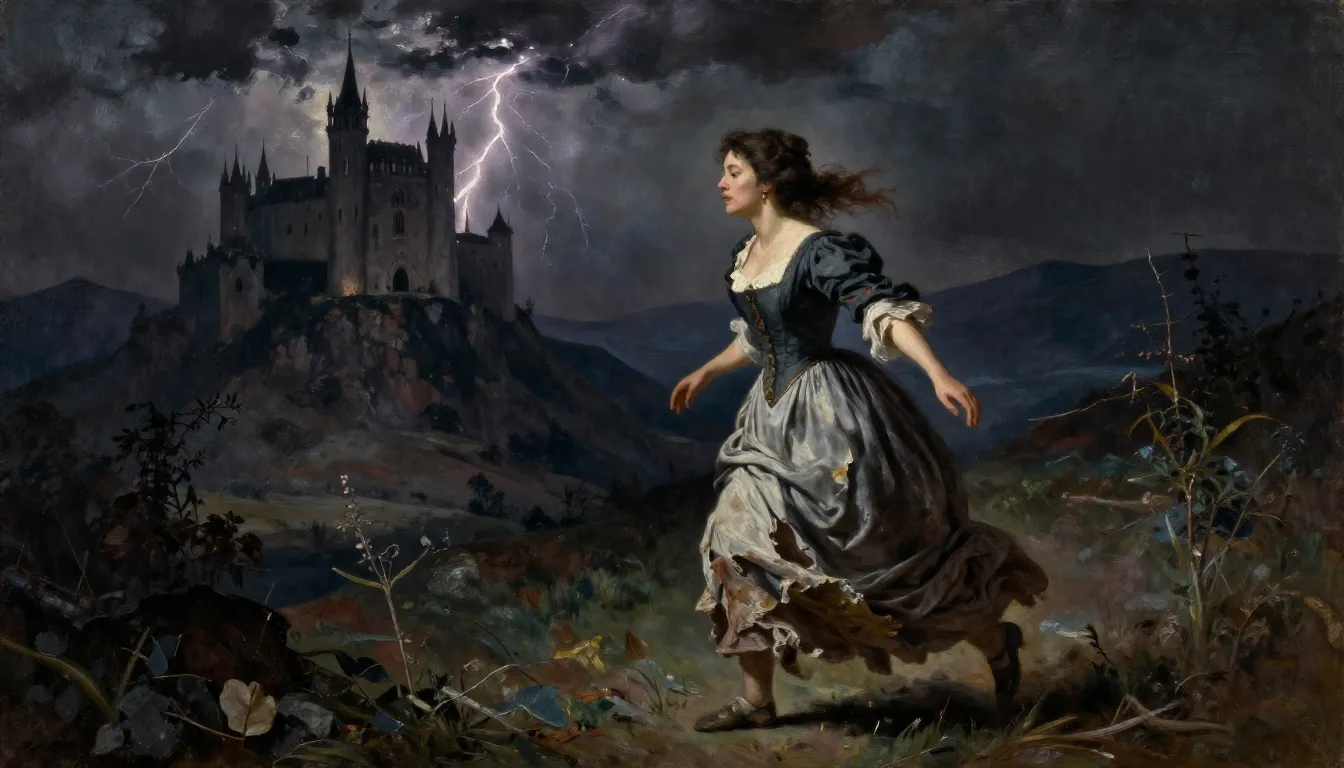 A dark and moody oil painting of a Spanish noblewoman in a t...