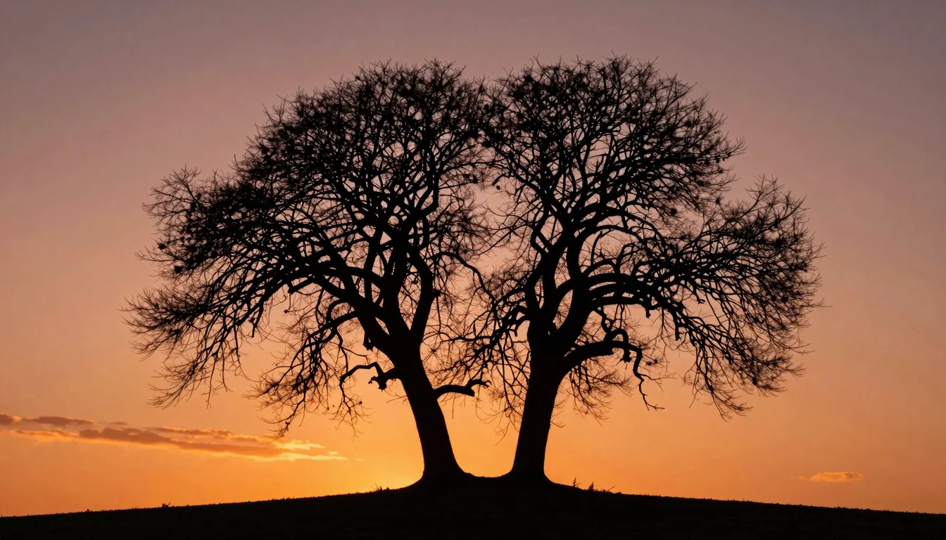 Two ancient trees with intertwined branches standing alone o...