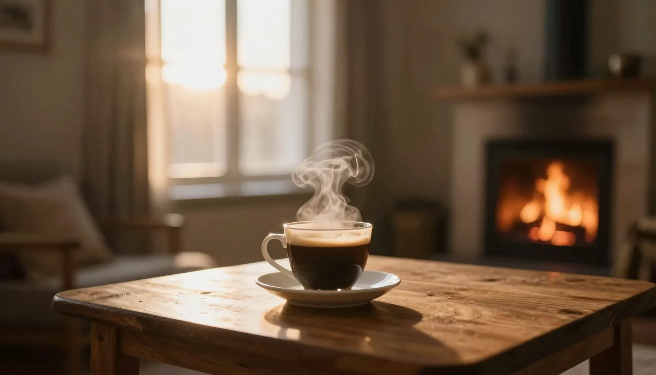 A cozy room at sunrise, soft golden light through the window...