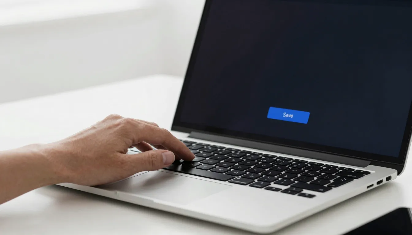 A hand clicking a 'Save' button on a sleek laptop screen, mi...