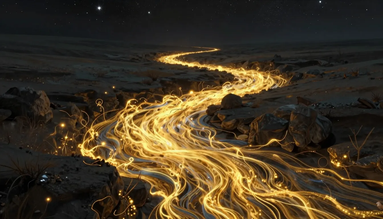 A poetic and artistic illustration of a river made of glowin...