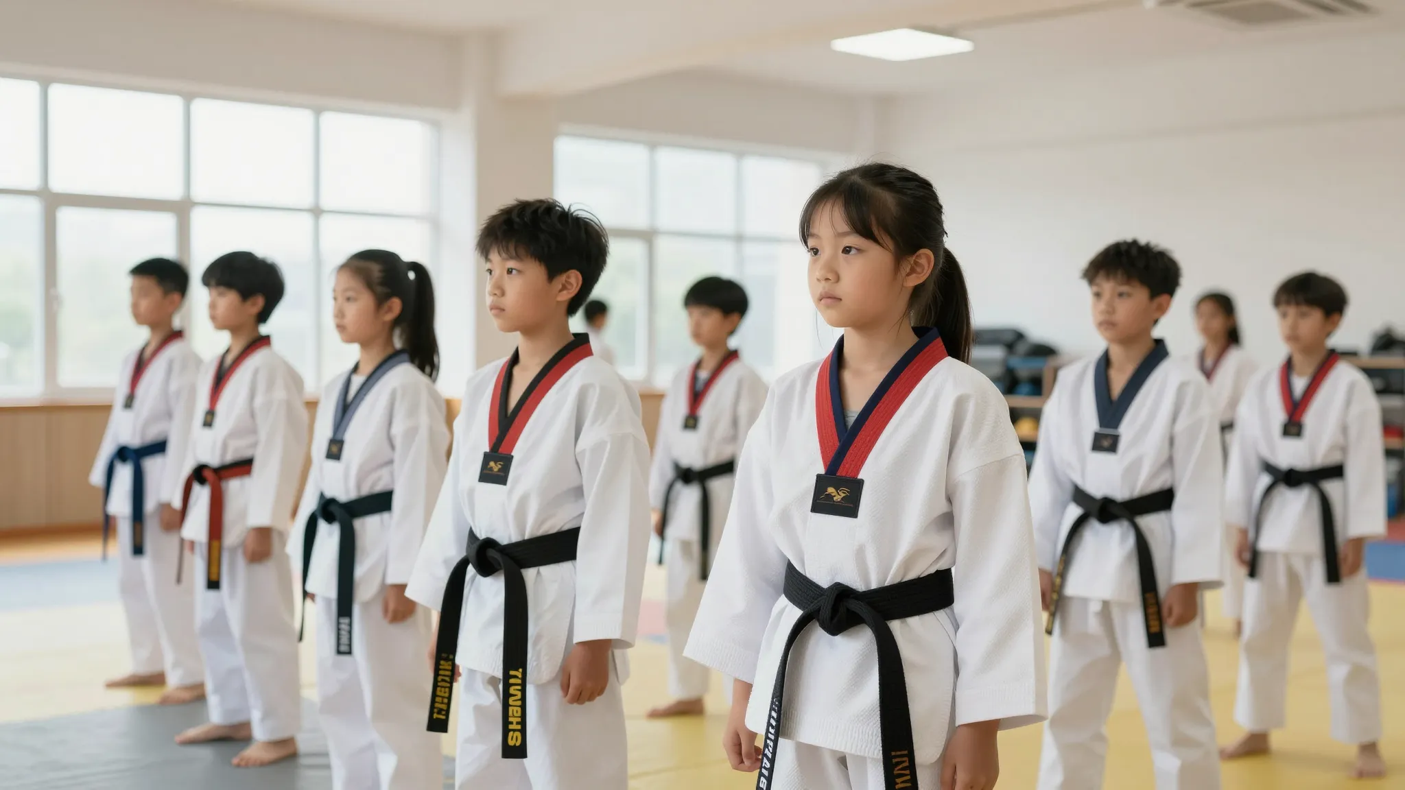 Social media banner for Taekwondo school, a group of focused...