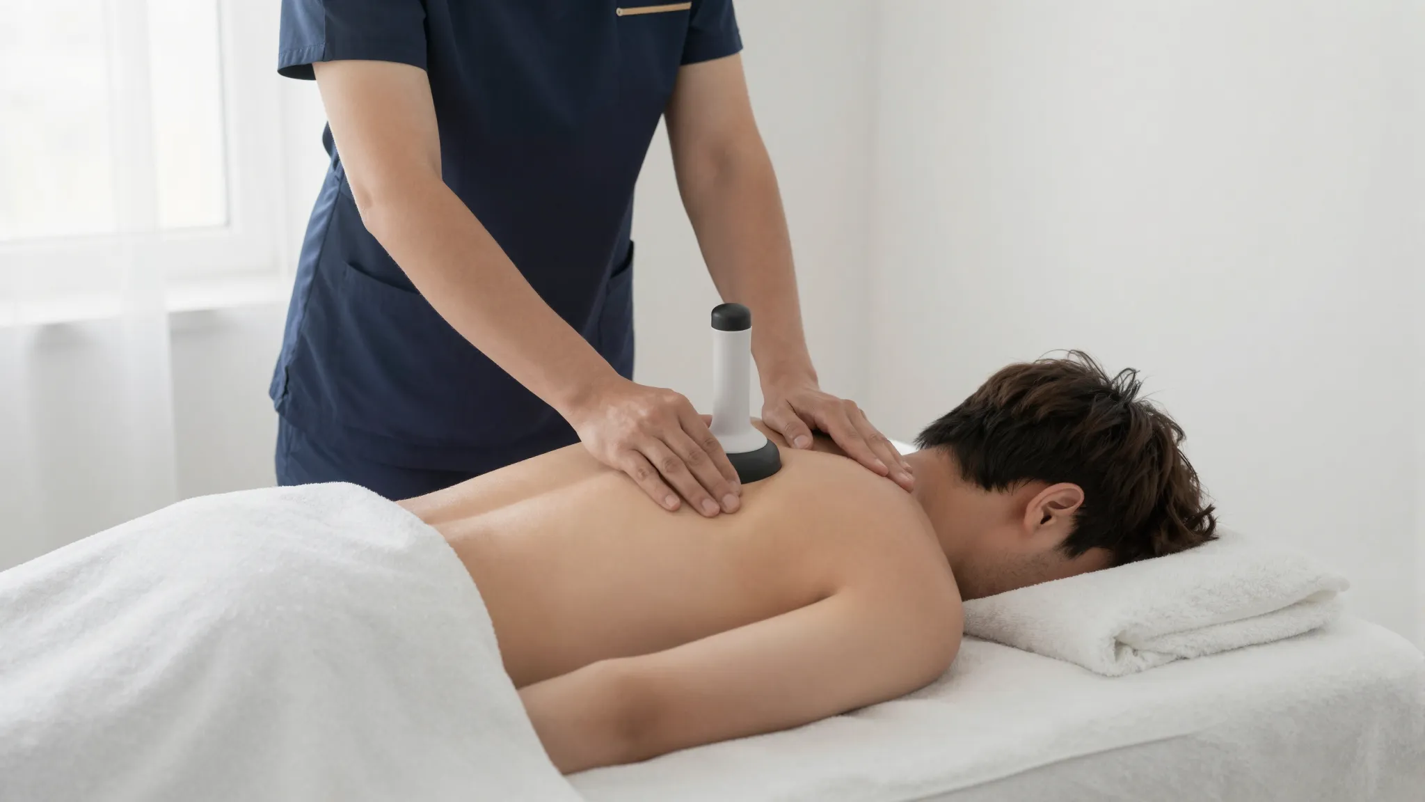 Modern vibration massage device on a human back, professiona...