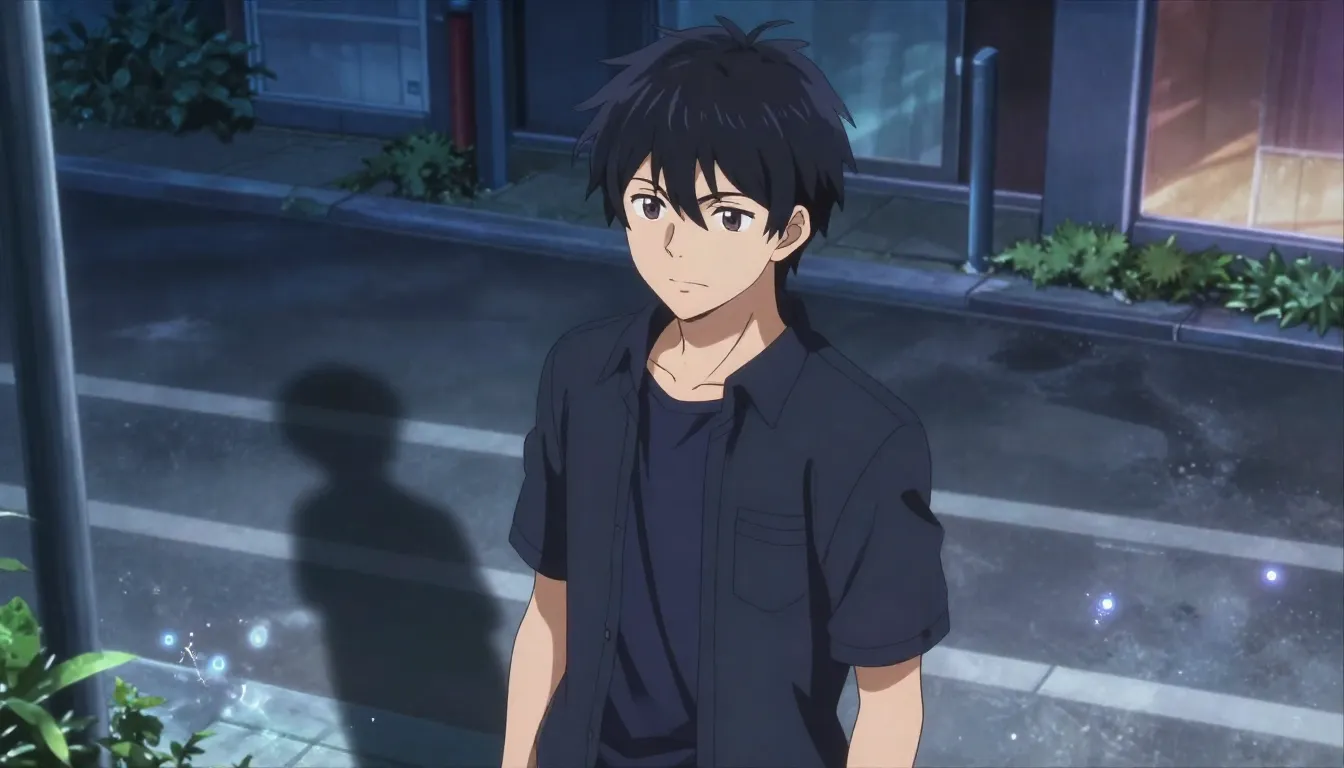 Cinematic anime scene, 18 year old male character with styli...