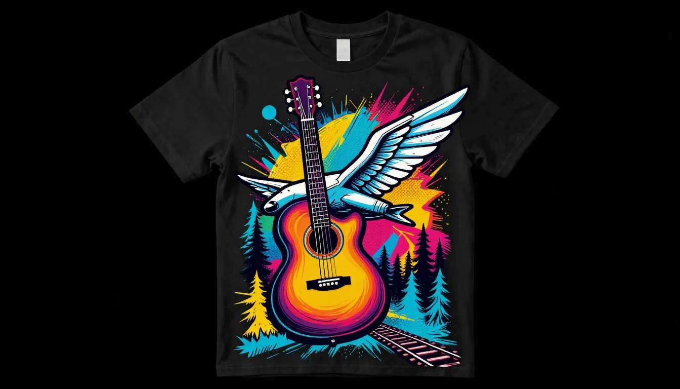 Vibrant t-shirt design on a black background, featuring a co...