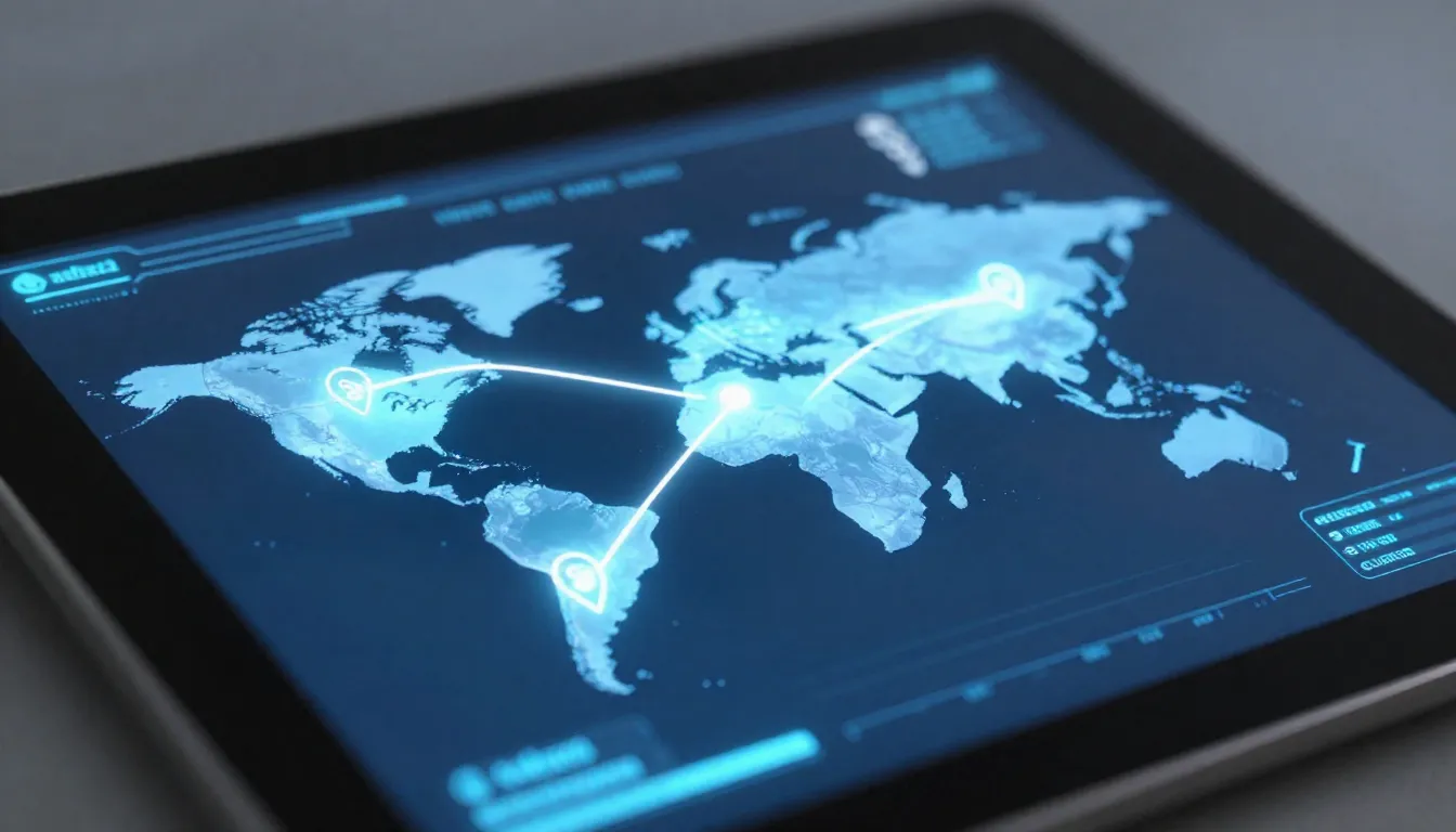 Close-up of a digital tablet screen showing a world map with...