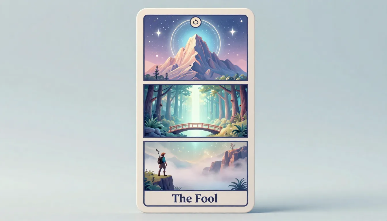A vertical 3D fantasy Tarot card 'The Fool' with rounded cor...