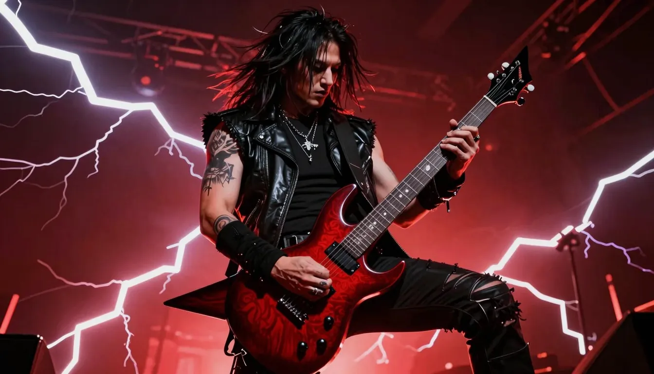 Thrash metal aesthetic, aggressive electric guitar with spik...