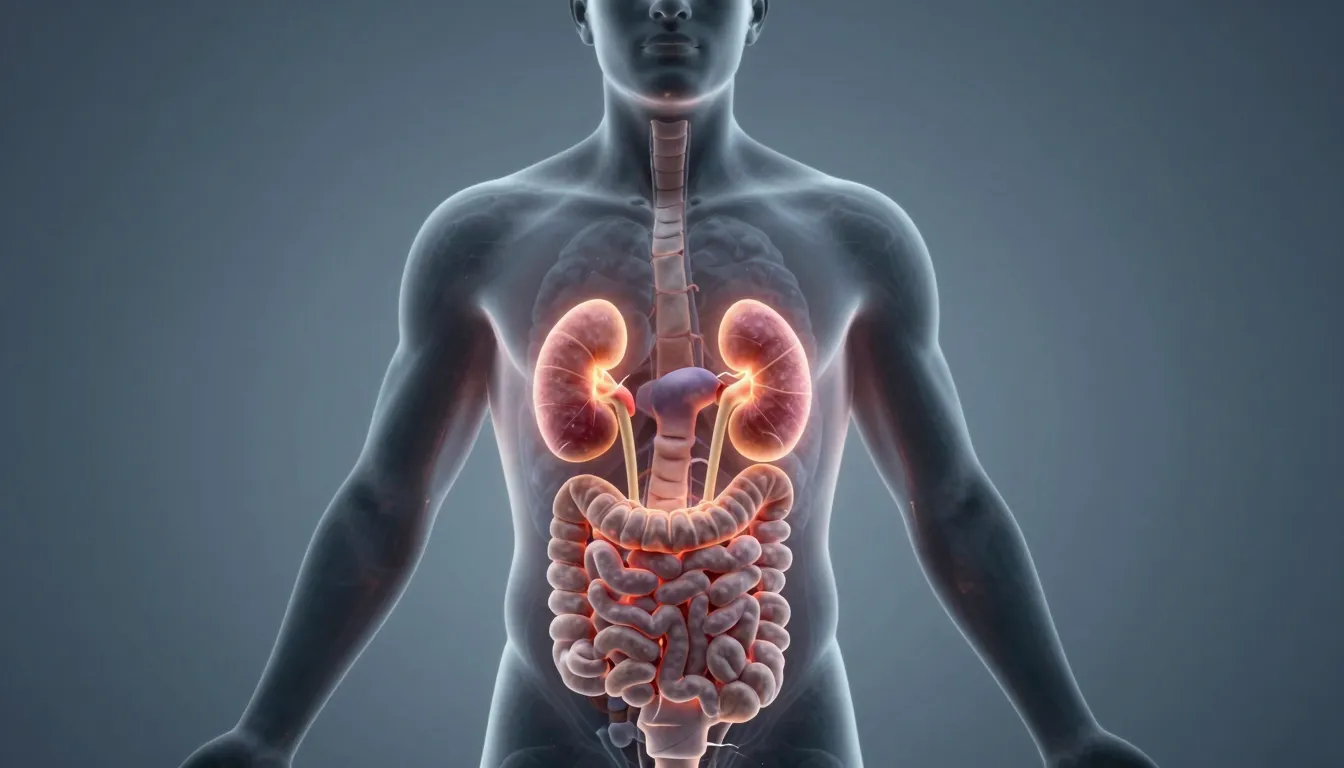 Conceptual art of a human silhouette with glowing kidneys an...