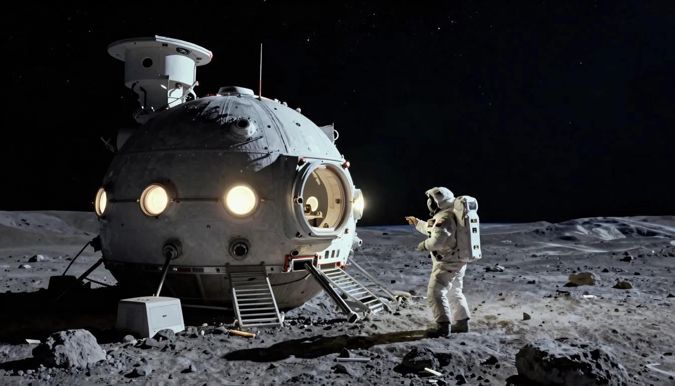 A high-tech lunar base with glowing lights, astronauts worki...