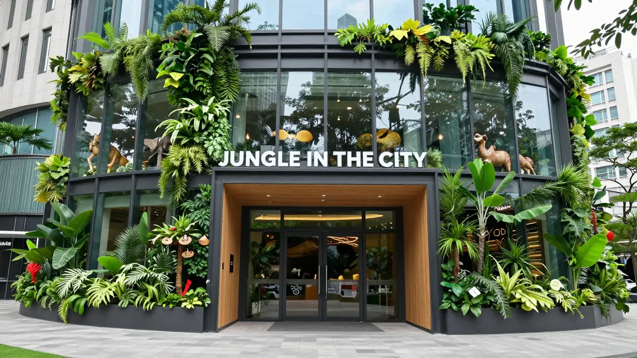 A modern entrance to an urban zoo named 'JUNGLE IN THE CITY'...