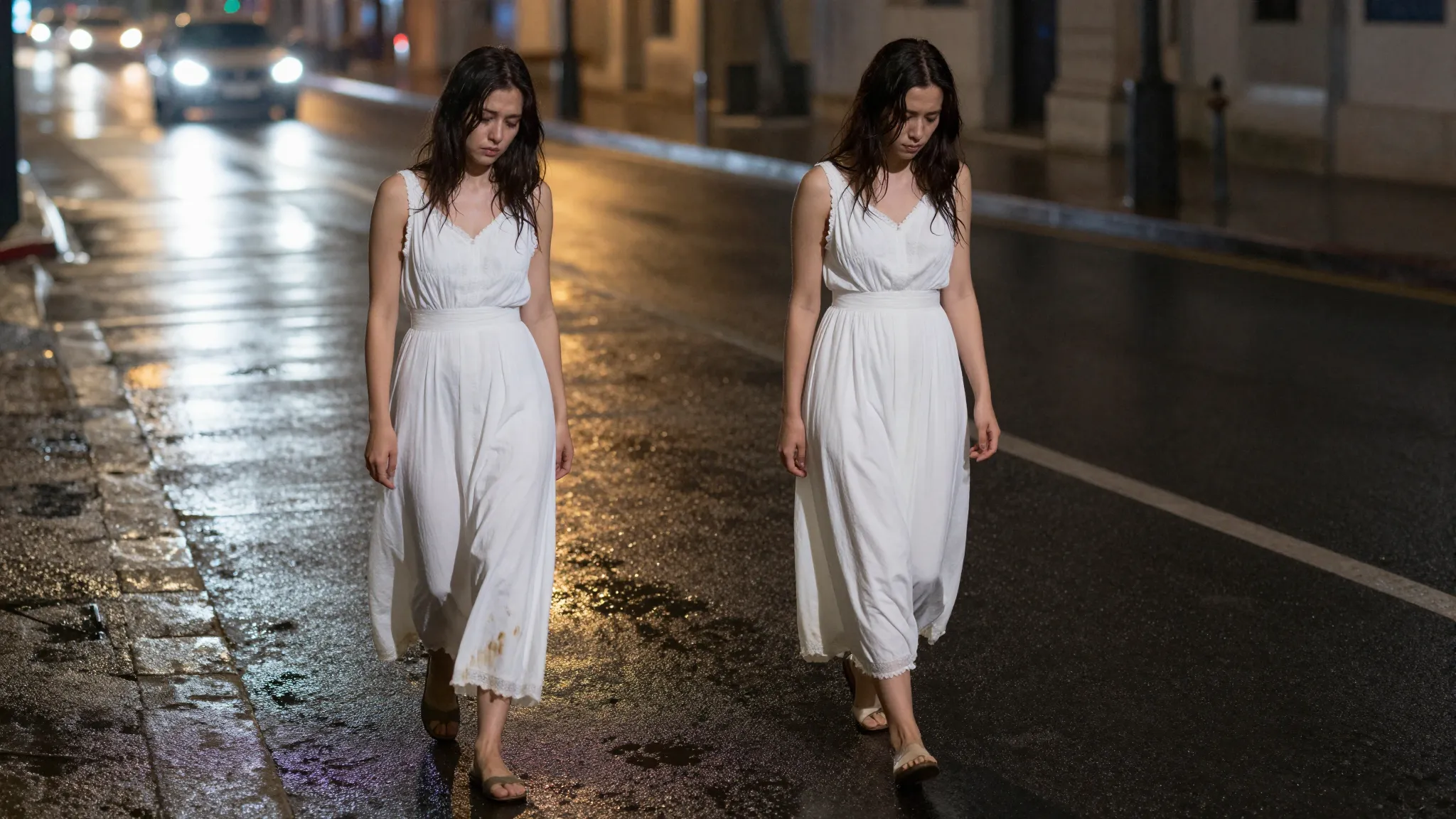 A lonely woman in a white gown walking along a wet city road...