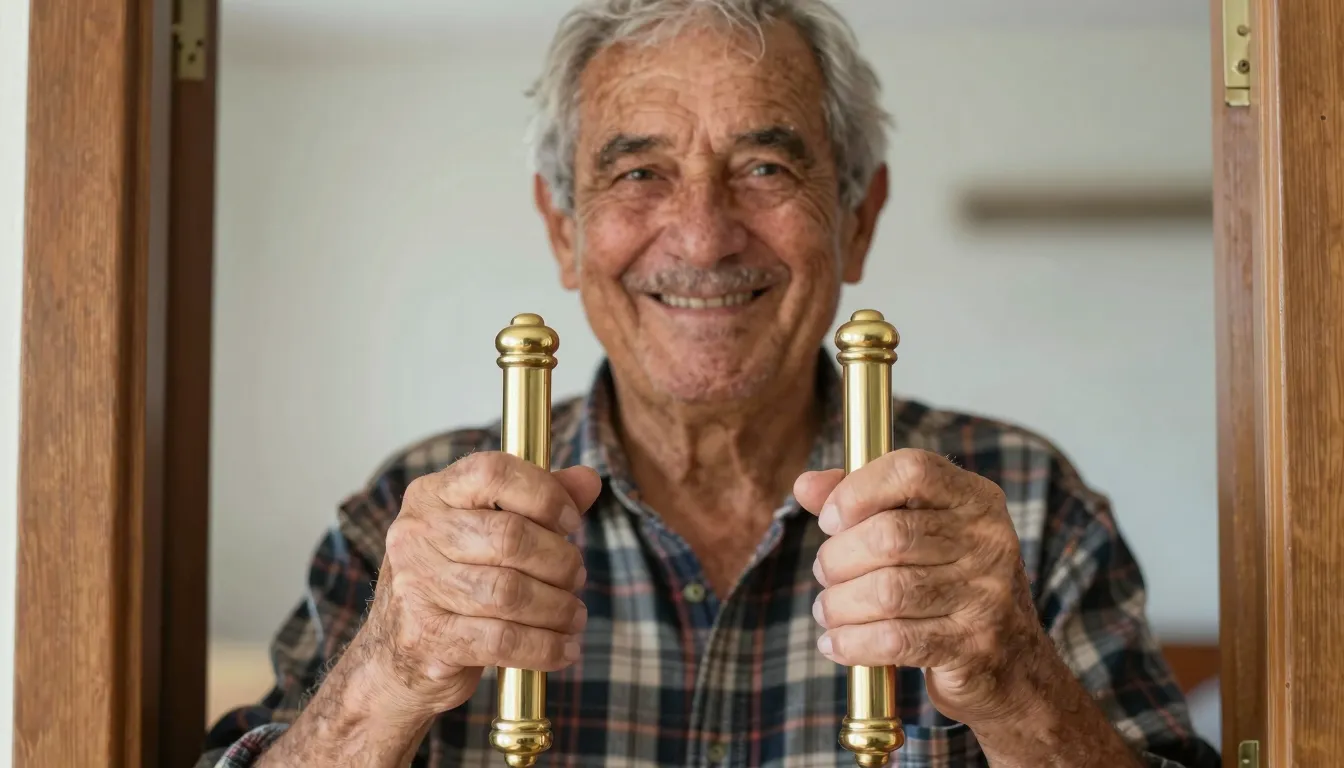 Hyper-realistic photo of a smiling elderly man with a weathe...