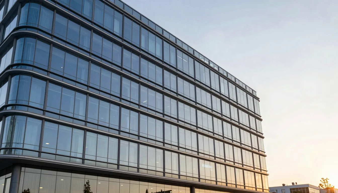 Modern glass office building in a tech park, sunset lighting...