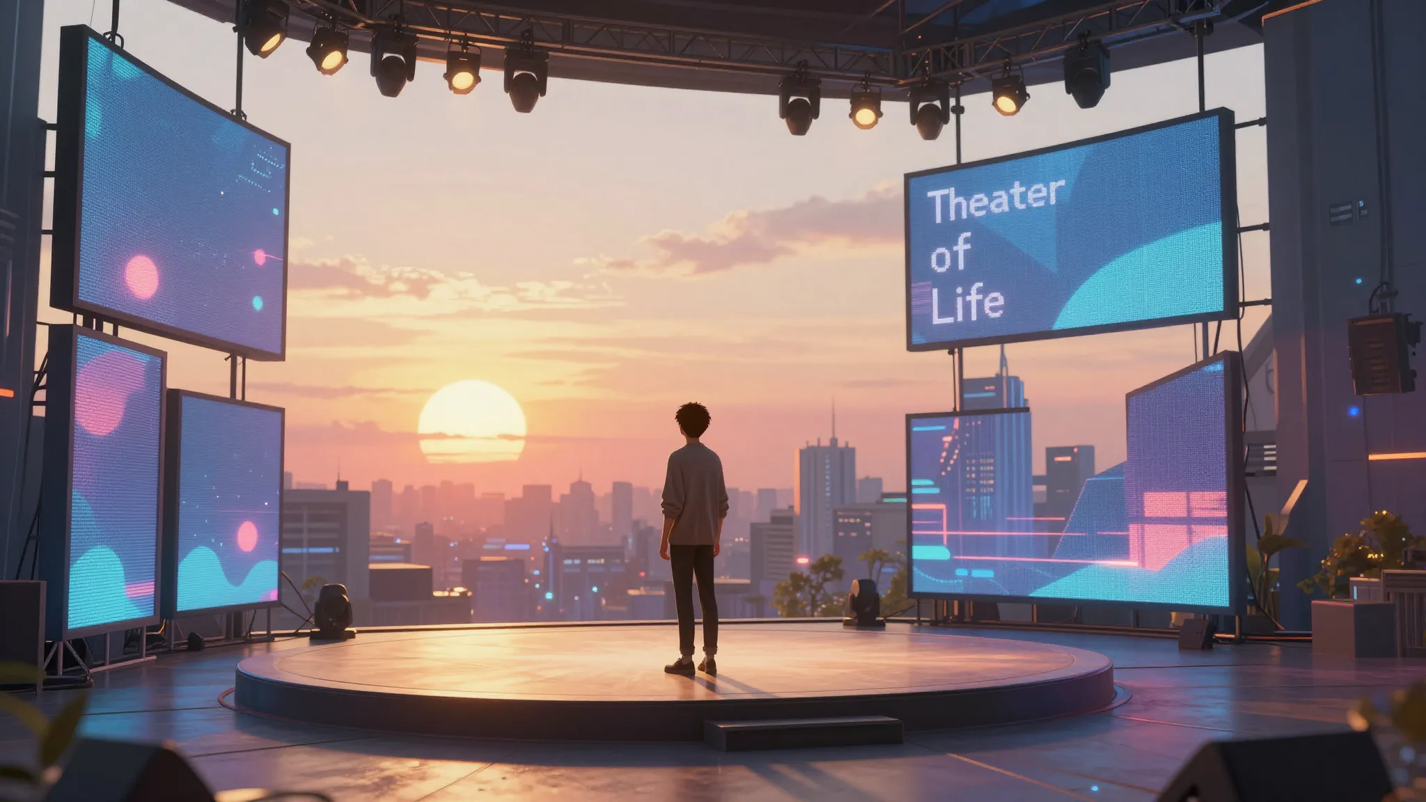 A modern artistic illustration of the 'Theater of Life', whe...