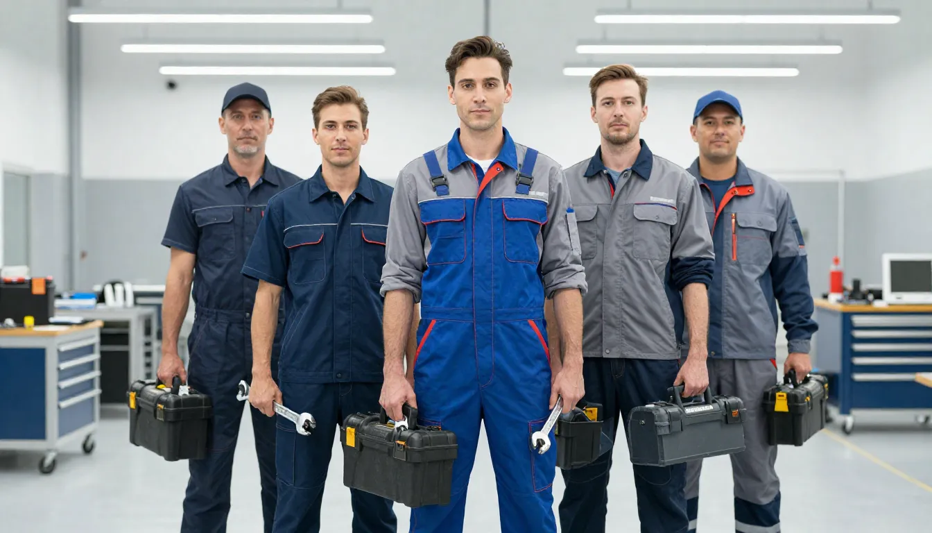 Professional repair service team portrait, blue and grey uni...