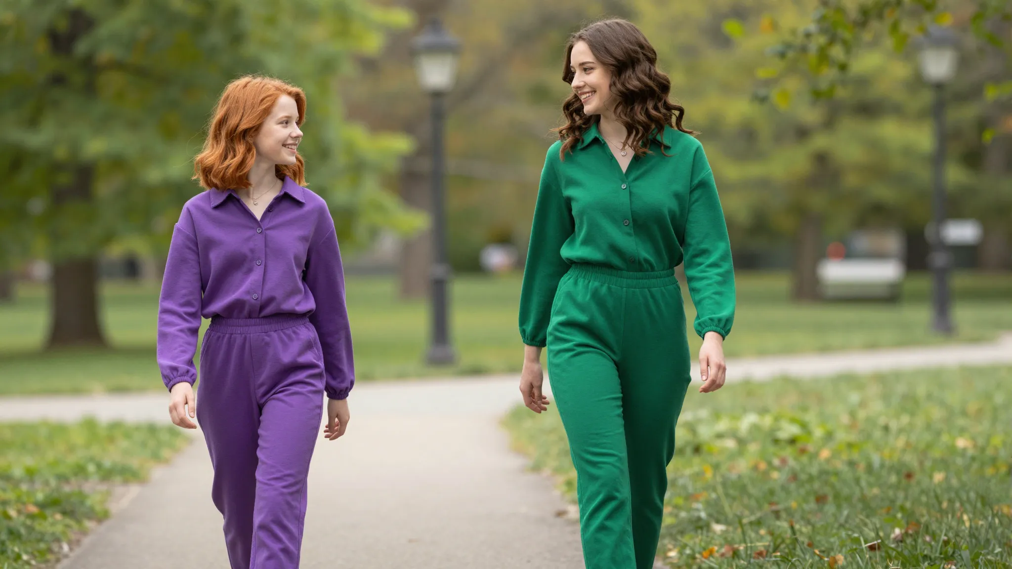Full body shot of two young women, twins with different feat...