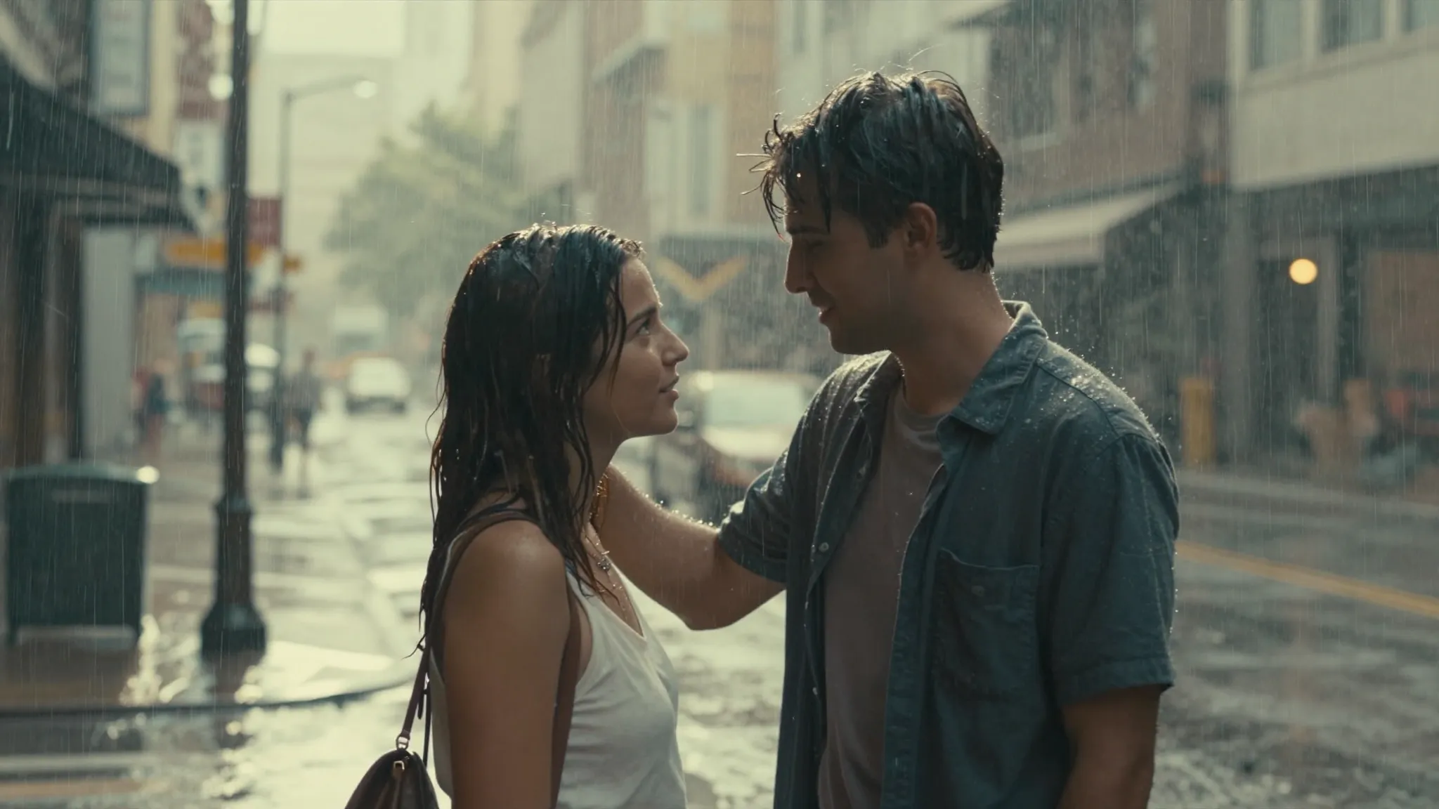 Cinematic shot of a young couple standing close under a heav...