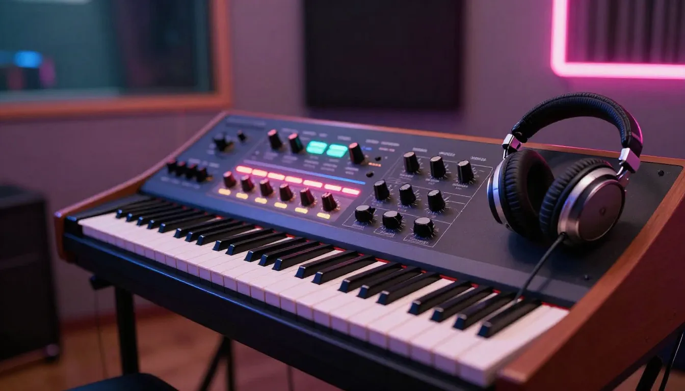 A stylish 1980s recording studio with analog synthesizers, n...
