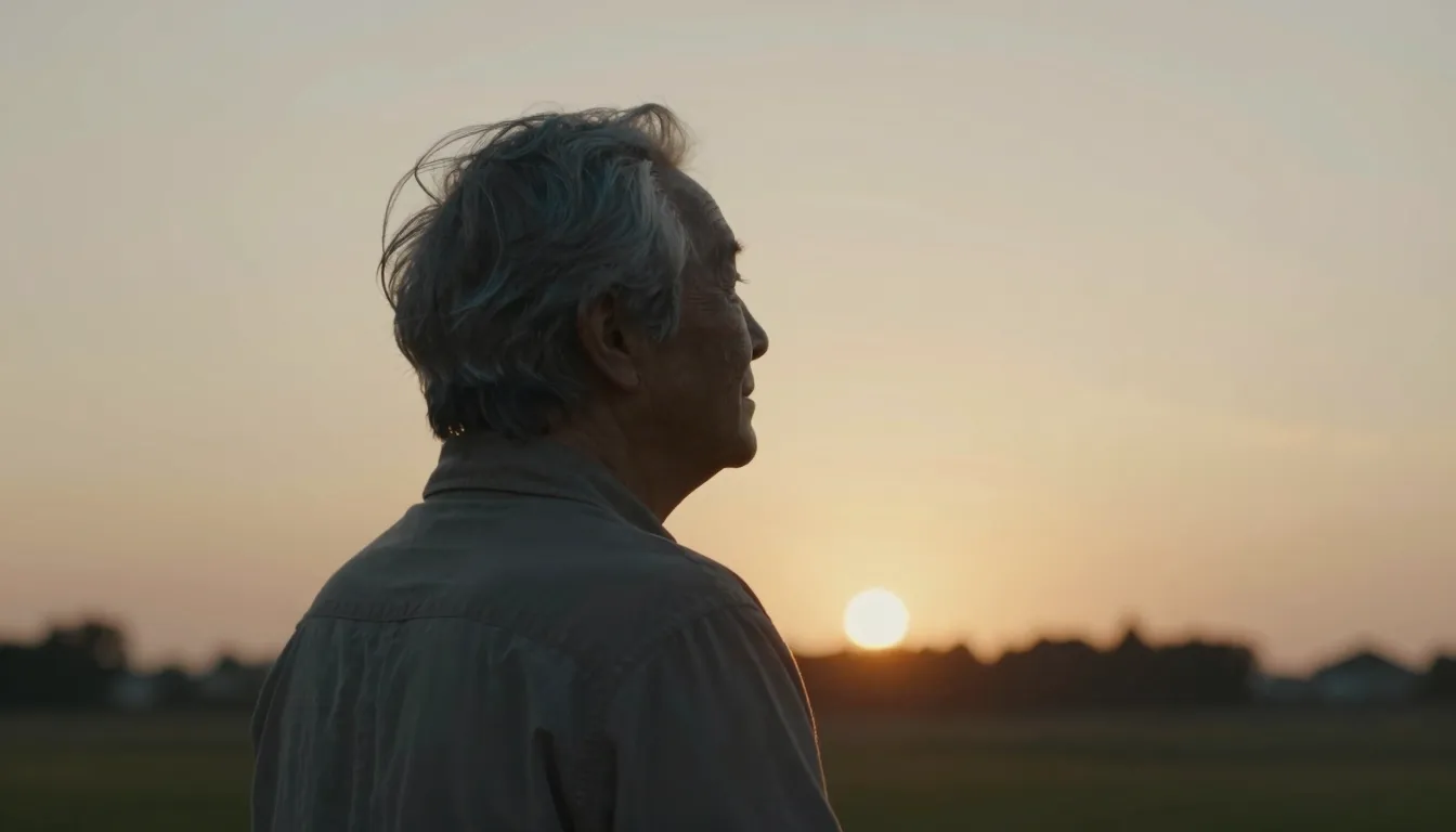 A nostalgic scene of an elderly person looking at a sunset, ...