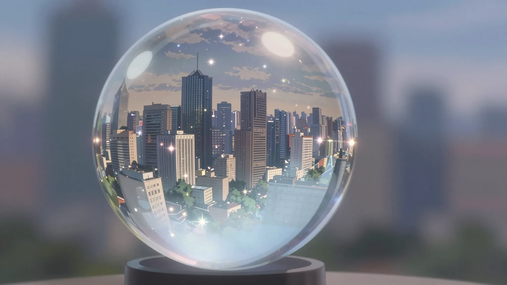 Cinematic shot of a crystal sphere reflecting a modern city ...