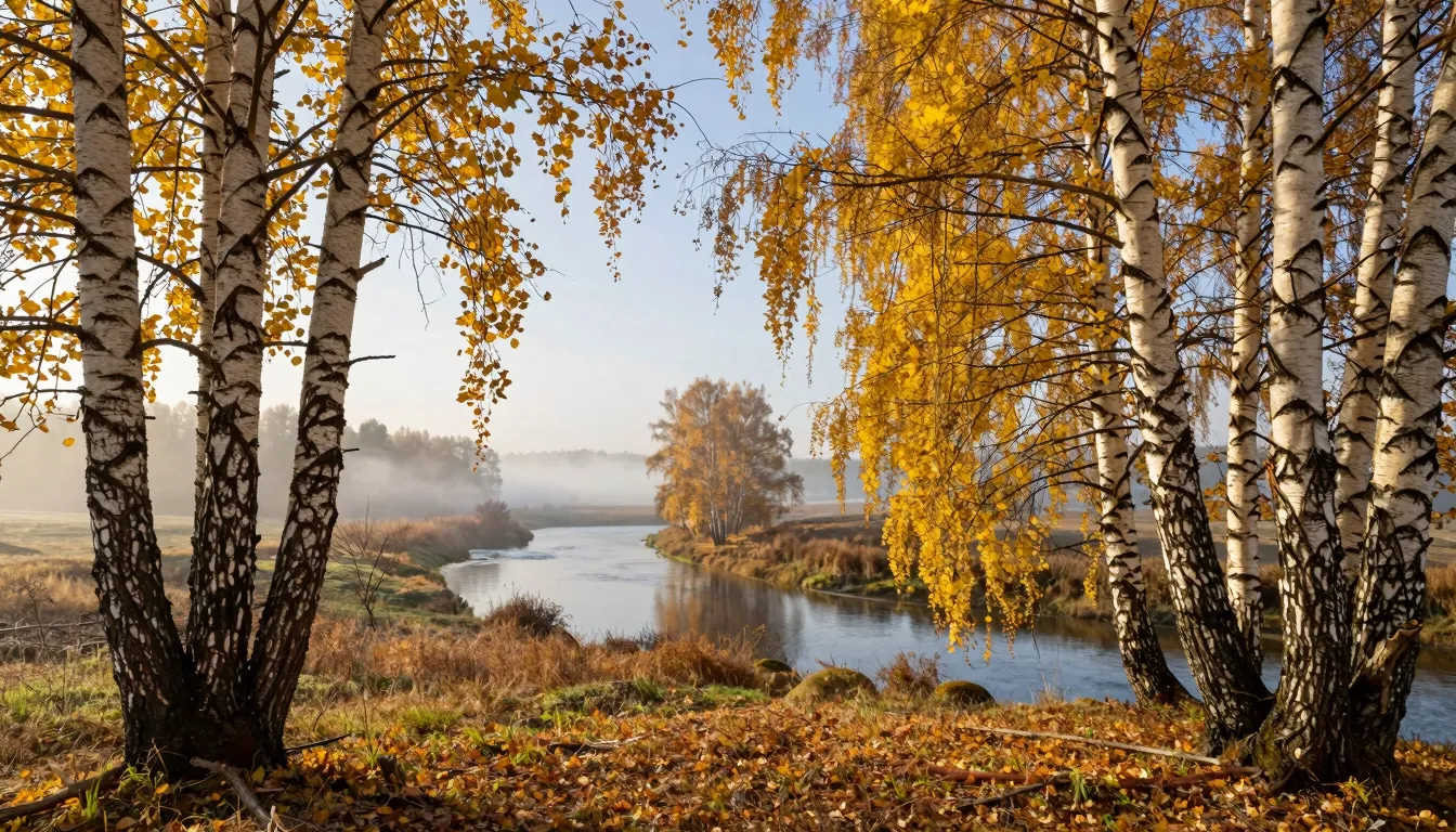 A beautiful Russian countryside view in autumn, golden leave...