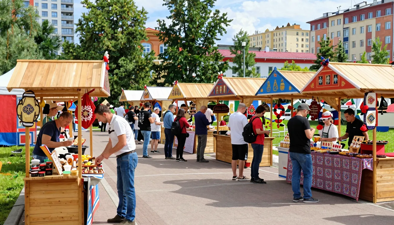 A bustling traditional Russian fair in a modern city park, w...